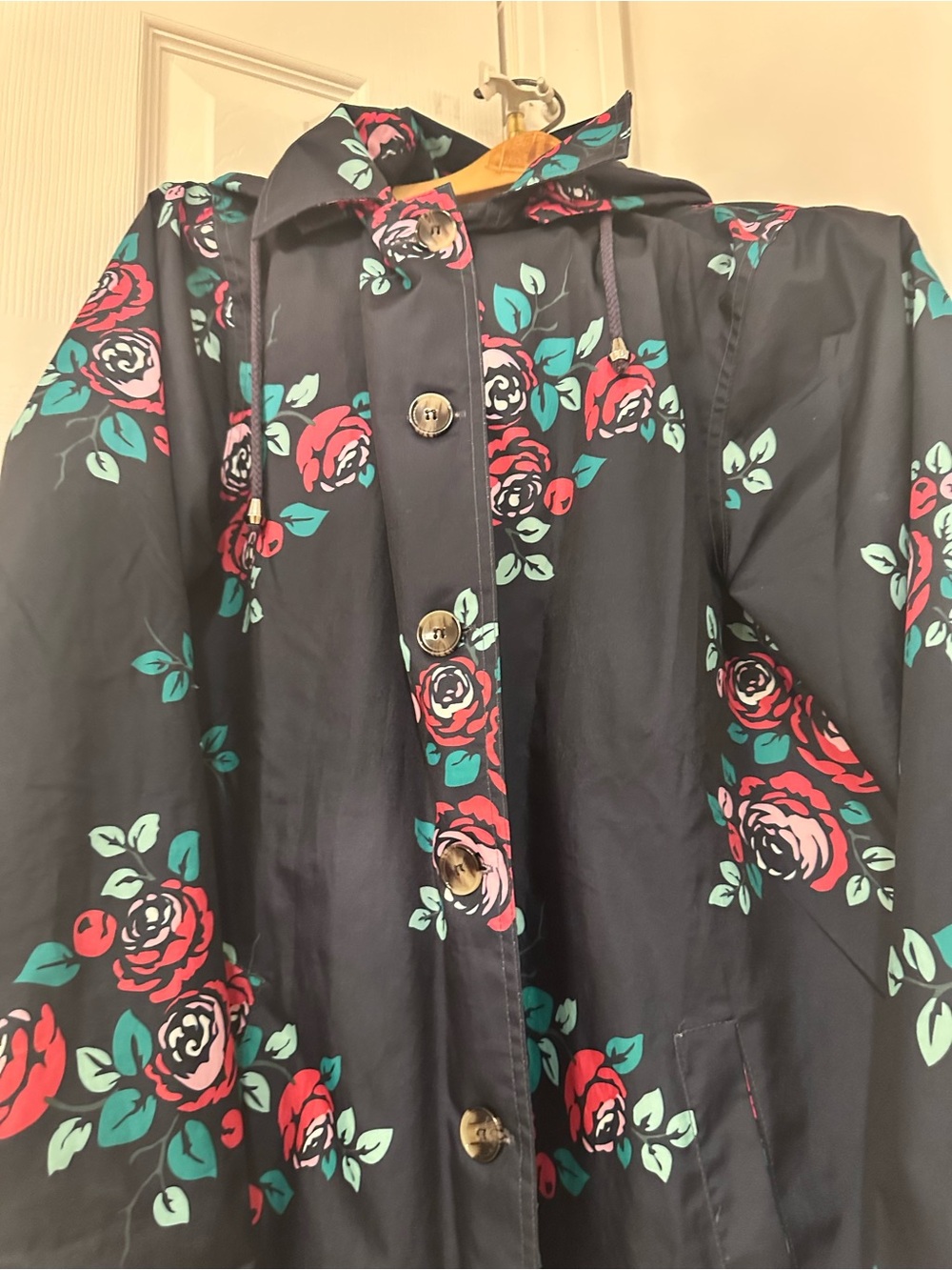 Capelli of New York Navy Floral Hooded Trench Coat Size M - Picture 3 of 16